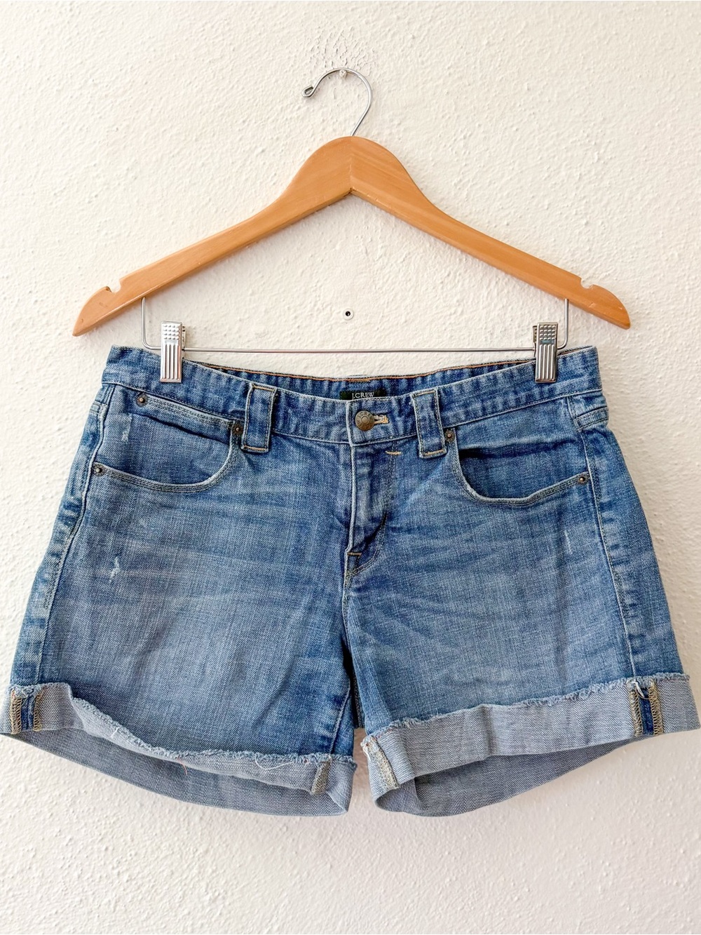 J.Crew 5" High-Rise Light Wash Rolled Cuff Distressed Denim Shorts - Picture 2 of 10
